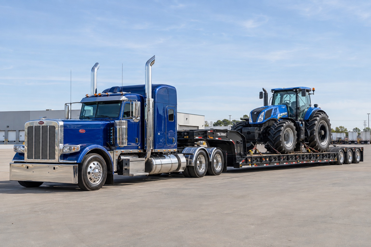 Blue Peterbilt semi truck with dual chrome stacks hauling a large blue New Holland tractor on a lowboy trailer